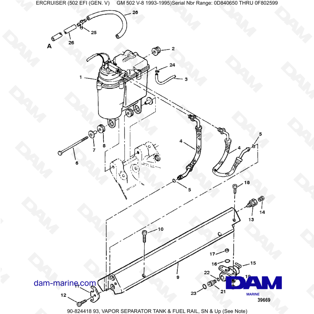 Vue éclatée RÉSERVOIR SÉPARATEUR DE VAPEUR ET RAMPE D'ALIMENTATION pour moteur MERCRUISER 502 EFI