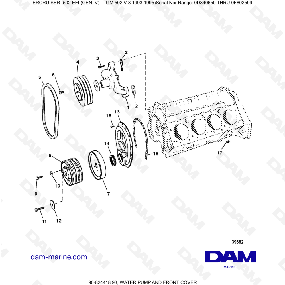 Vue éclatée POMPE À EAU ET COUVERCLE AVANT pour moteur MERCRUISER 502 EFI