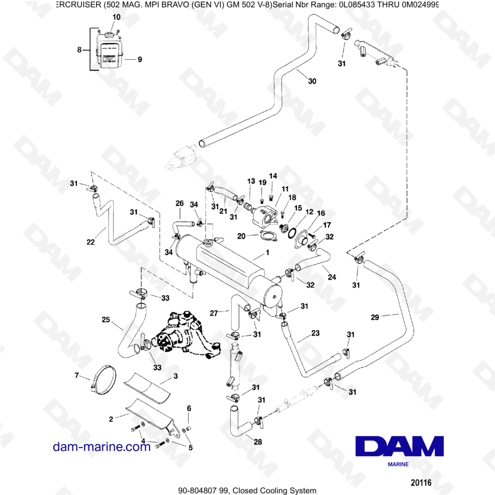 Vue éclatée CLOSED COOLING SYSTEM pour moteur MERCRUISER 502 MAG MPI