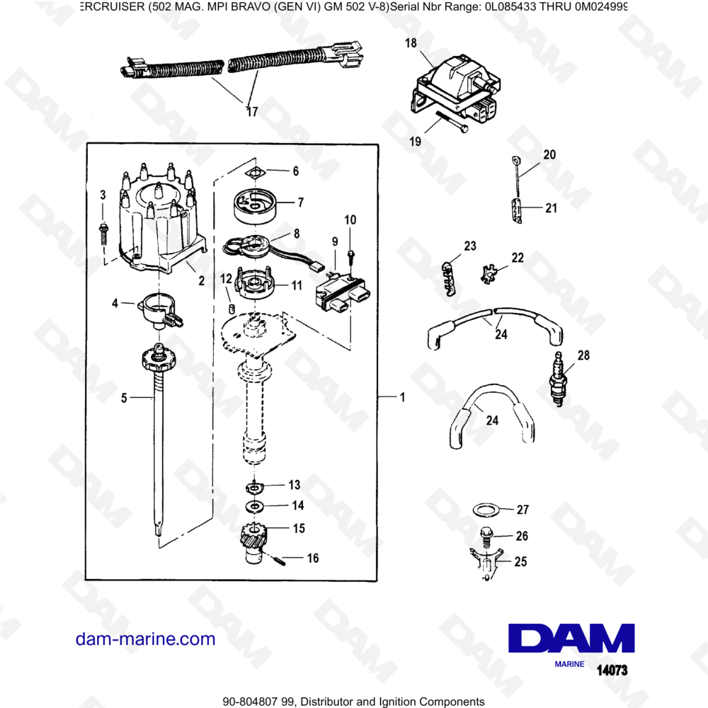 Vue éclatée DISTRIBUTOR AND IGNITION COMPONENTS pour moteur MERCRUISER 502 MAG MPI