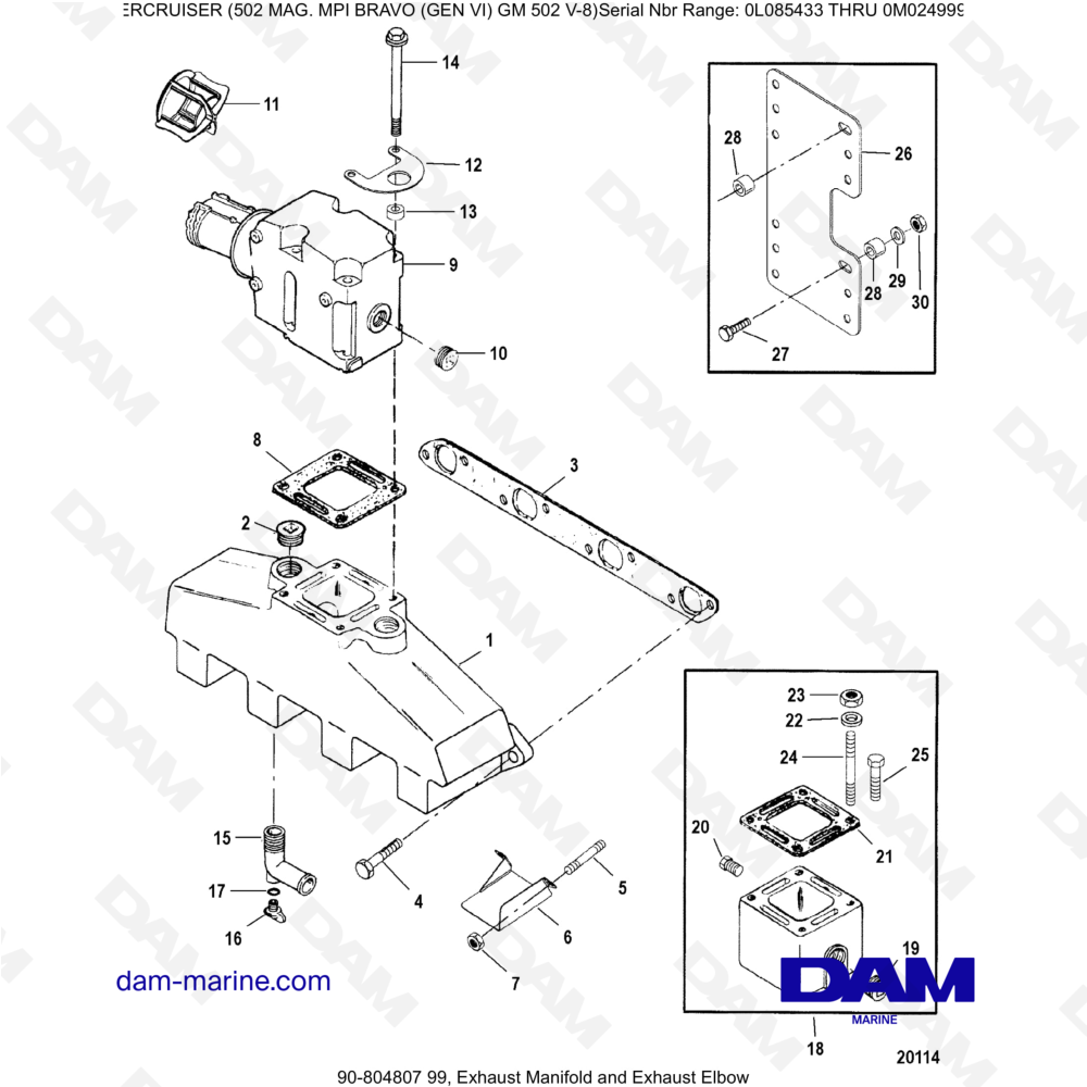 Vue éclatée EXHAUST MANIFOLD AND EXHAUST ELBOW pour moteur MERCRUISER 502 MAG MPI