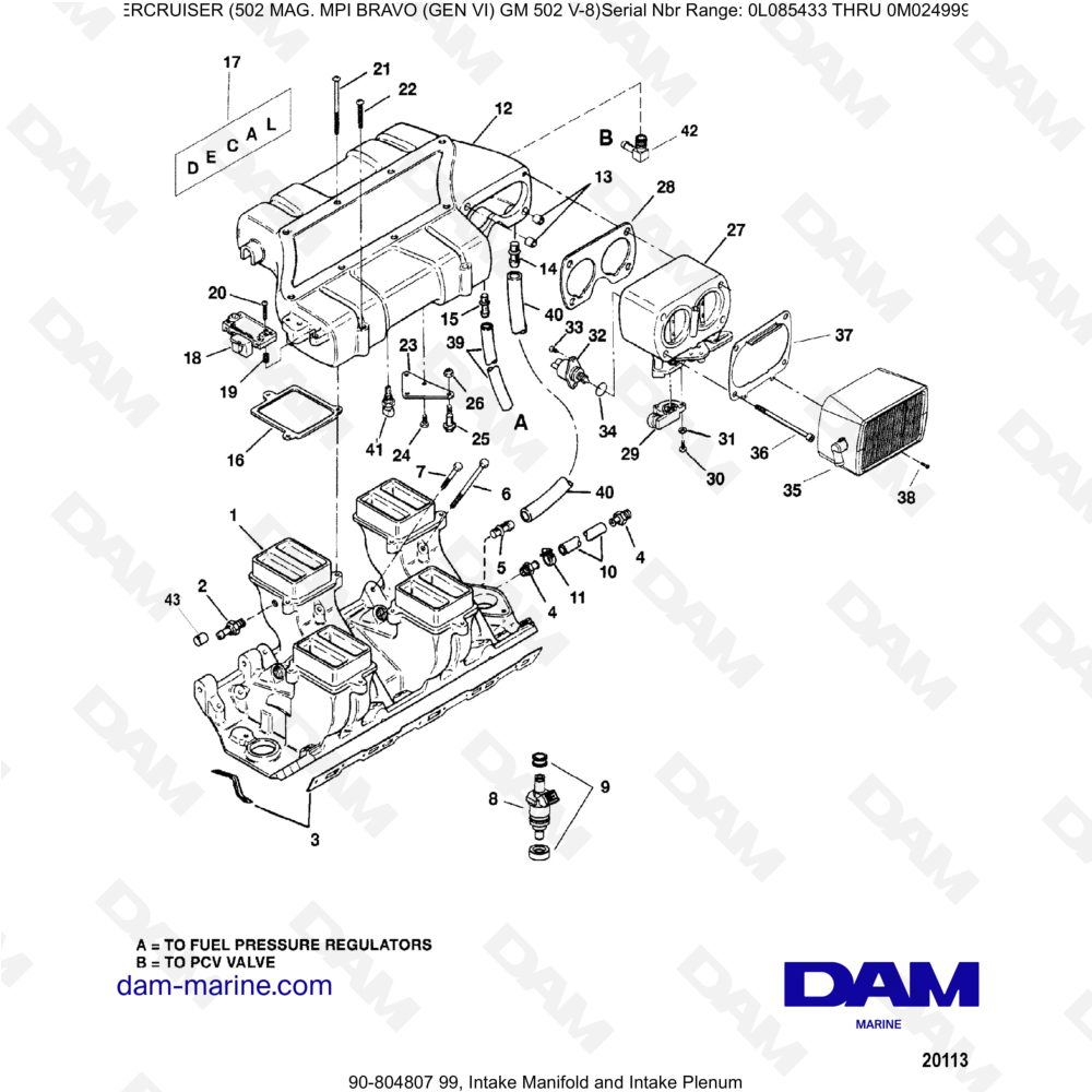 Vue éclatée ADMISSION COLLECTOR AND ADMISSION PLENUM pour moteur MERCRUISER 502 MAG MPI