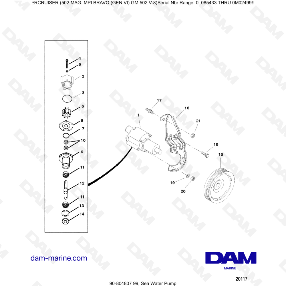 Vue éclatée SEA WATER PUMP pour moteur MERCRUISER 502 MAG MPI