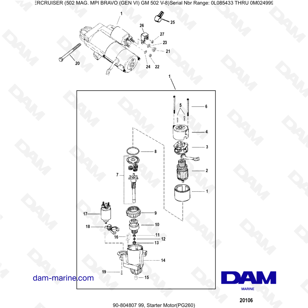Vue éclatée STARTER pour moteur MERCRUISER 502 MAG MPI