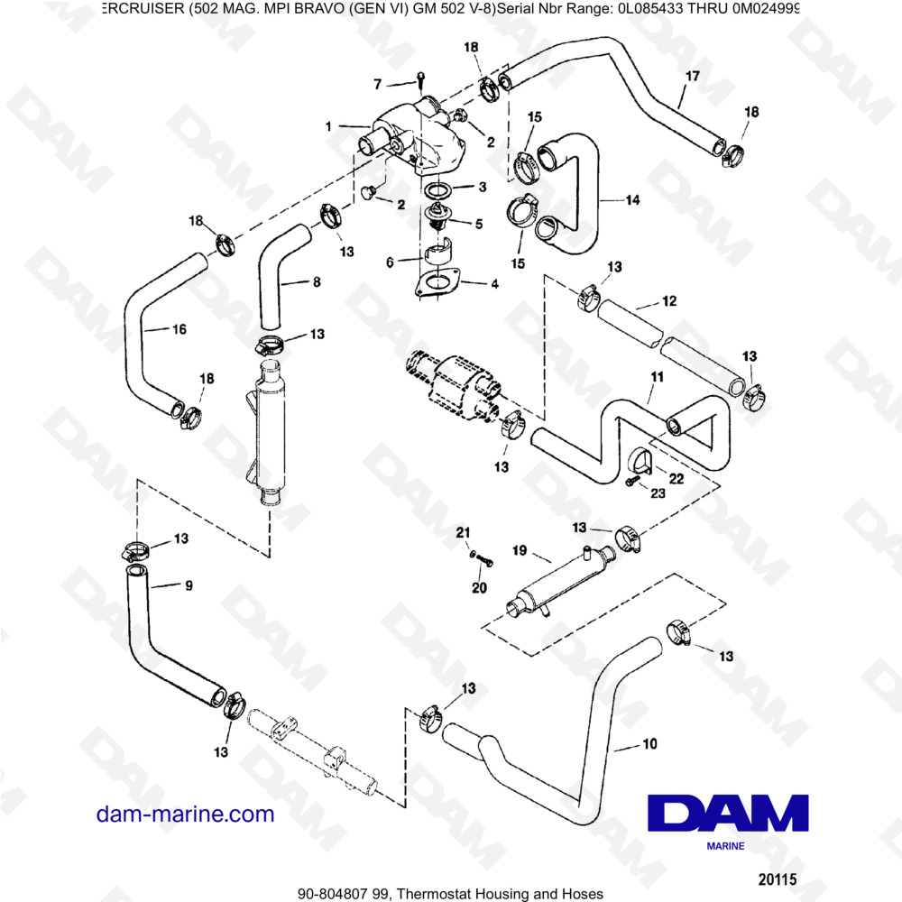 Vue éclatée THERMOSTAT HOUSING AND PIPES pour moteur MERCRUISER 502 MAG MPI