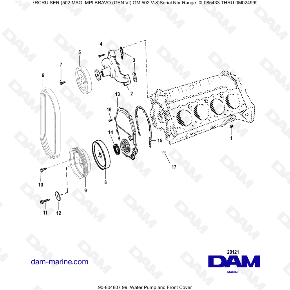Vue éclatée WATER PUMP AND FRONT COVER pour moteur MERCRUISER 502 MAG MPI