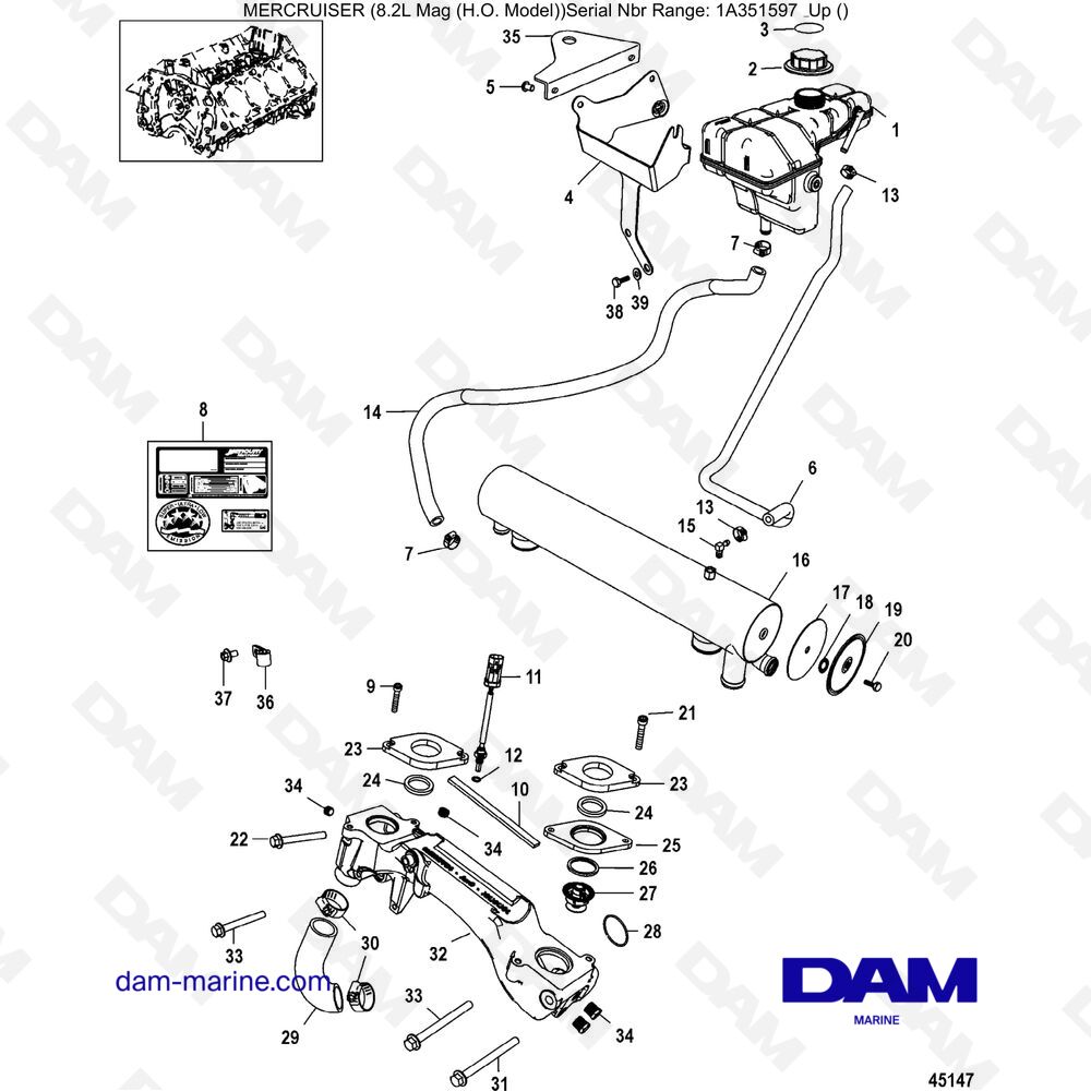Vue éclatée SISTEMA DI RAFFREDDAMENTO, COMPONENTI DELL'ACQUA DOLCE (SN 2A041664 & -) pour moteur Mercruiser 502 MAG MPI HO