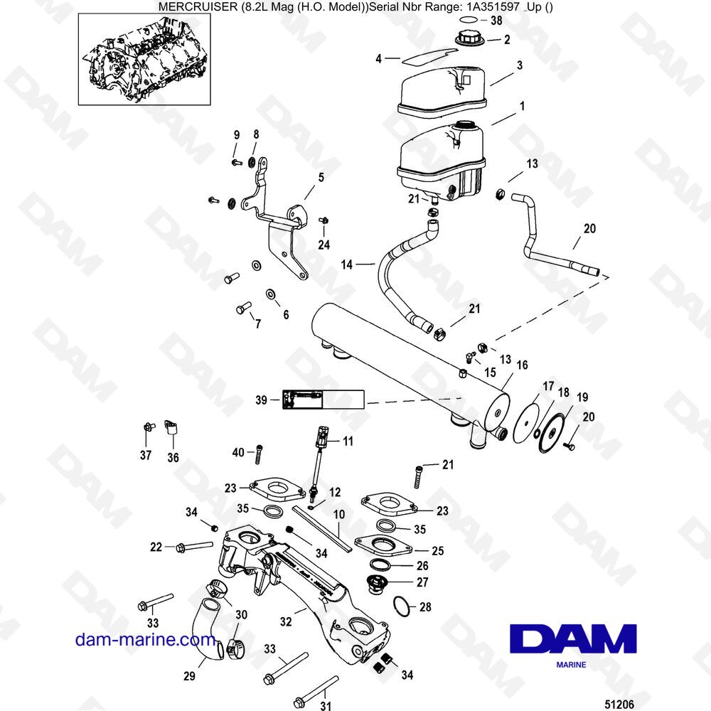 Vue éclatée SISTEMA DI RAFFREDDAMENTO, COMPONENTI DELL'ACQUA DOLCE (SN 2A041665 & +) pour moteur Mercruiser 502 MAG MPI HO