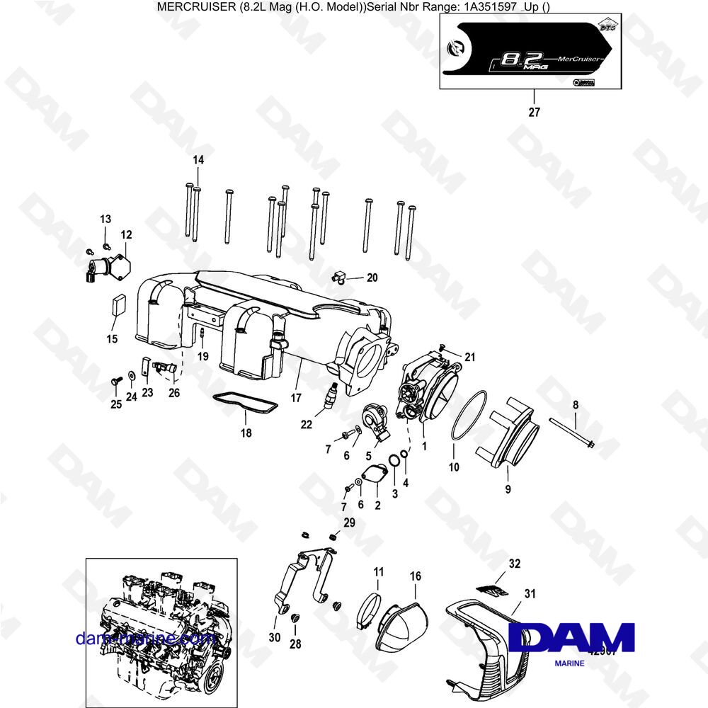 Vue éclatée CORPO FARFALLATO, CAMBIO ACCELERATORE MECCANICO pour moteur Mercruiser 502 MAG MPI HO
