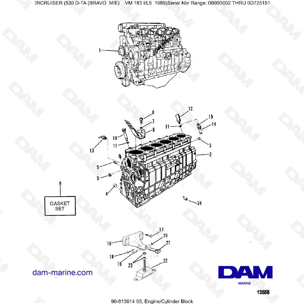 Vue éclatée ENGINE BLOCK AND CYLINDERS pour moteur MERCRUISER 530D-TA