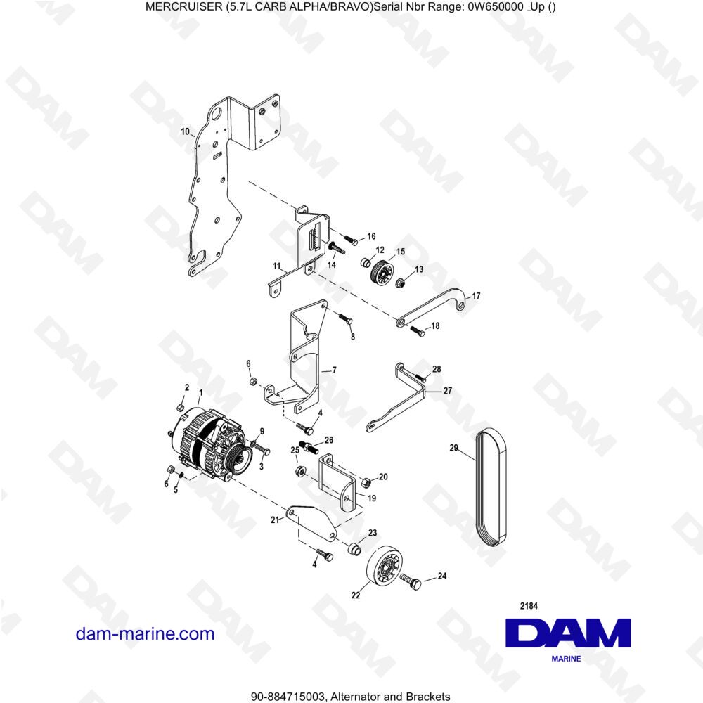 Vue éclatée ALTERNATEUR ET SUPPORTS pour moteur MERCRUISER 5.7L CARB
