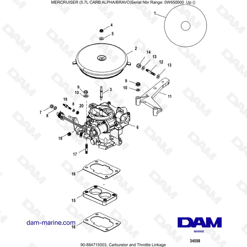 Vue éclatée CARBURATEUR ET TRINGLERIE D'ACCÉLÉRATEUR pour moteur MERCRUISER 5.7L CARB