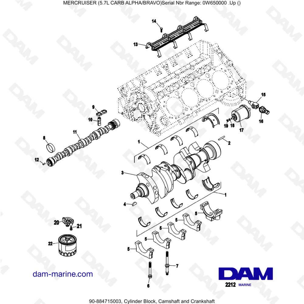 Vue éclatée BLOC-CYLINDRES, ARBRE À CAMES ET VILEBREQUIN pour moteur MERCRUISER 5.7L CARB