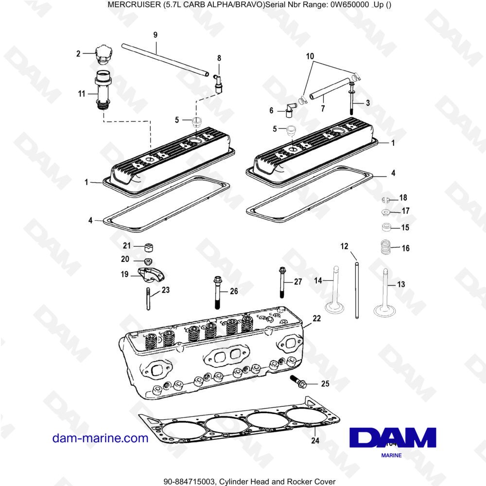 Vue éclatée CULASSE ET COUVERCLE DE CULASSE pour moteur MERCRUISER 5.7L CARB