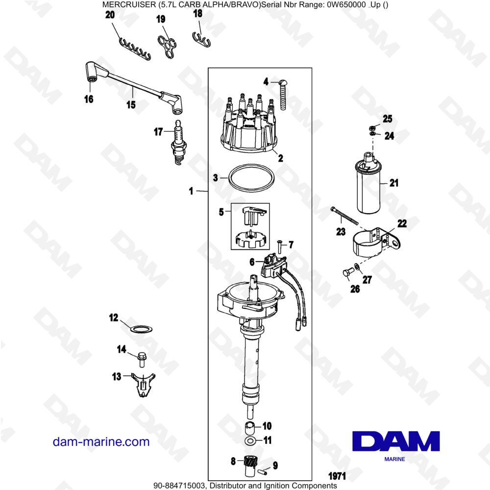 Vue éclatée COMPOSANTS DE DISTRIBUTEUR ET D'ALLUMAGE pour moteur MERCRUISER 5.7L CARB