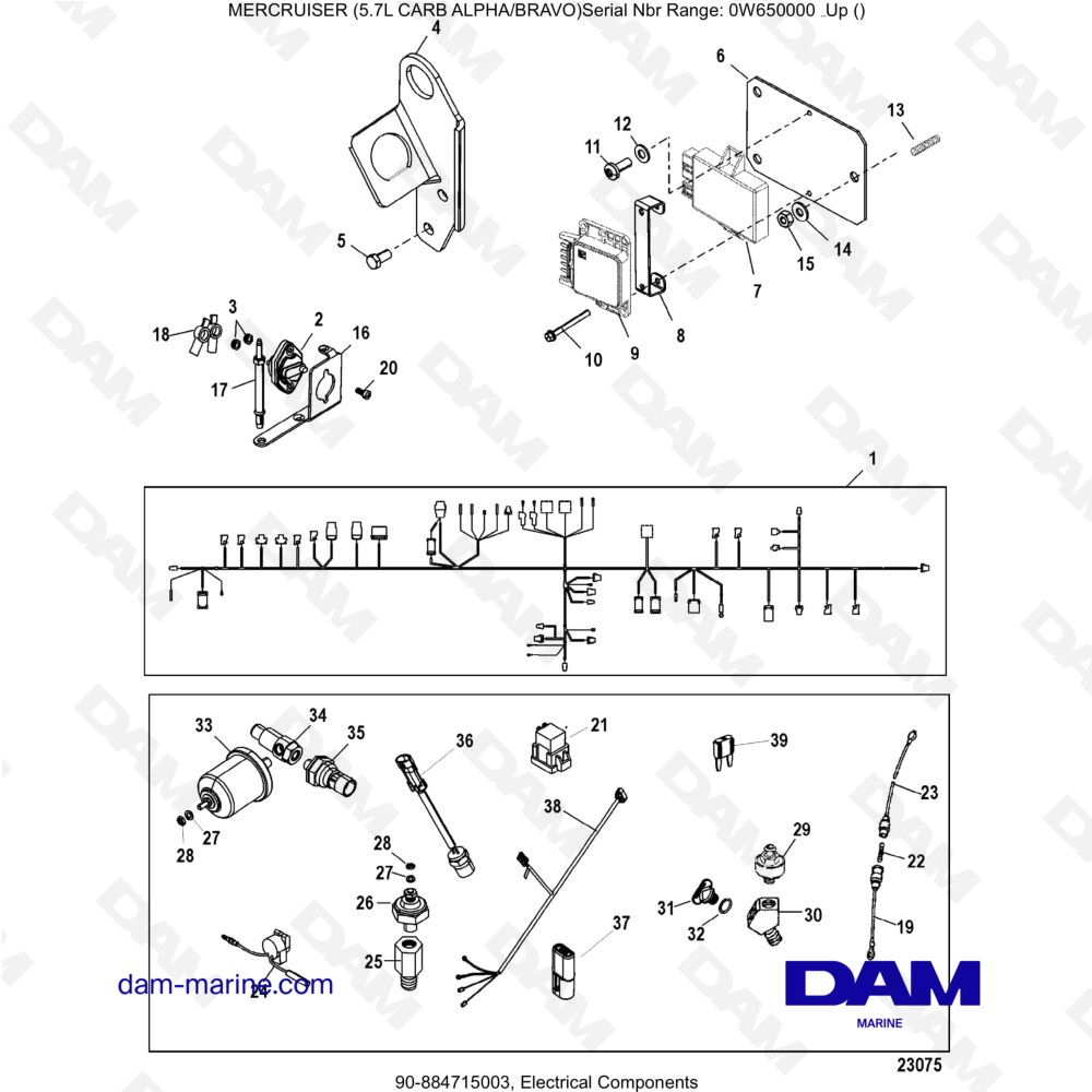 Vue éclatée COMPOSANTS ÉLECTRIQUES pour moteur MERCRUISER 5.7L CARB