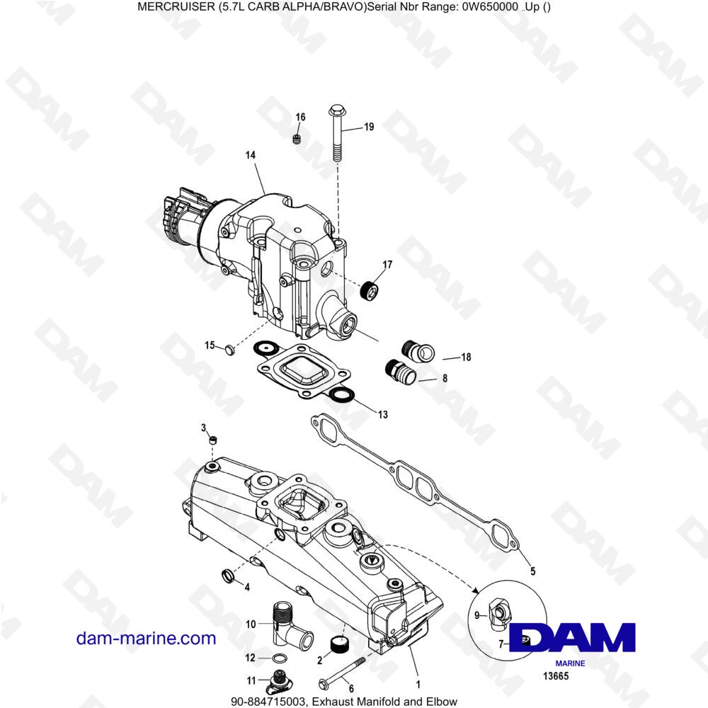 Vue éclatée COLLECTEUR D'ÉCHAPPEMENT ET COUDE pour moteur MERCRUISER 5.7L CARB