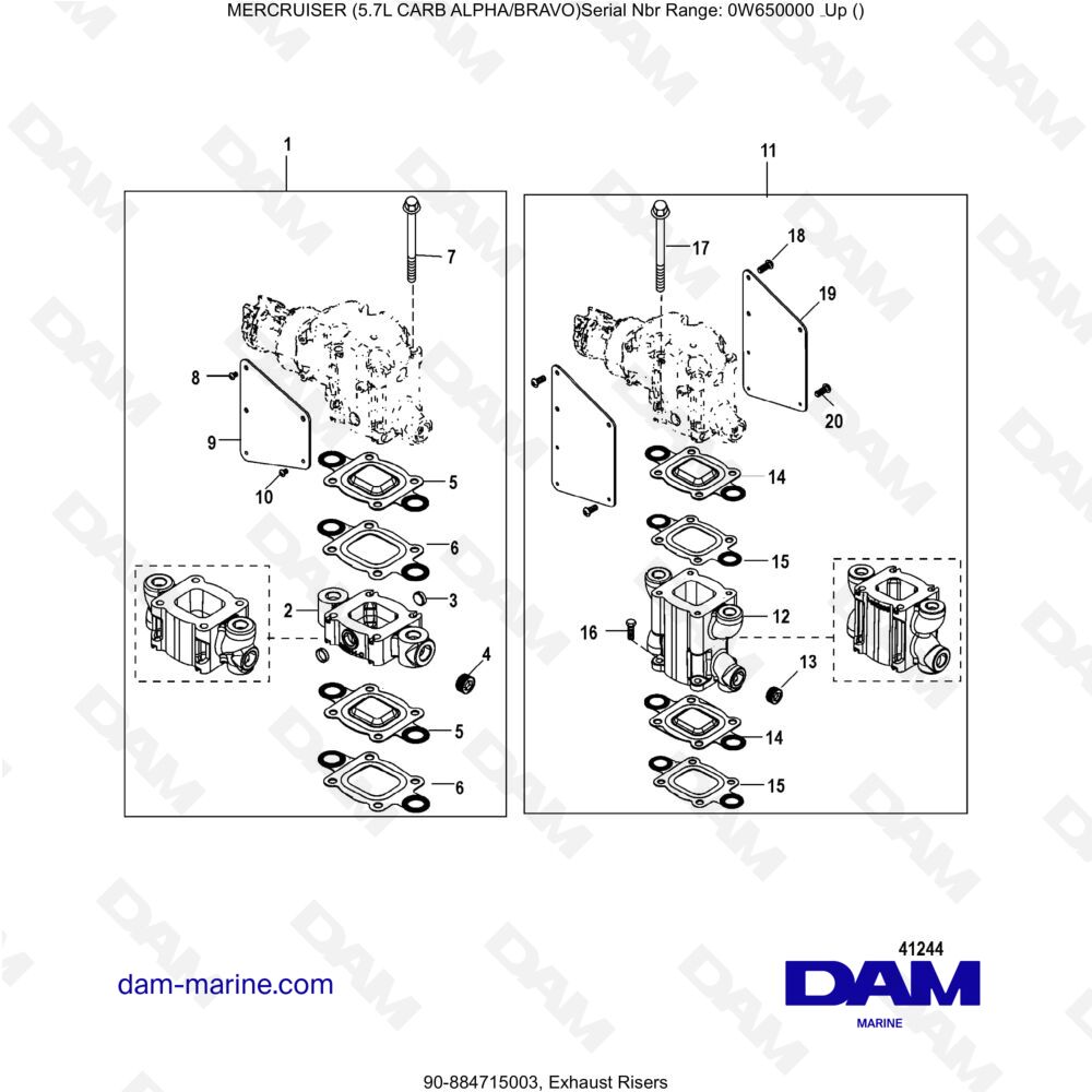 Vue éclatée COLONNES D'ÉCHAPPEMENT pour moteur MERCRUISER 5.7L CARB