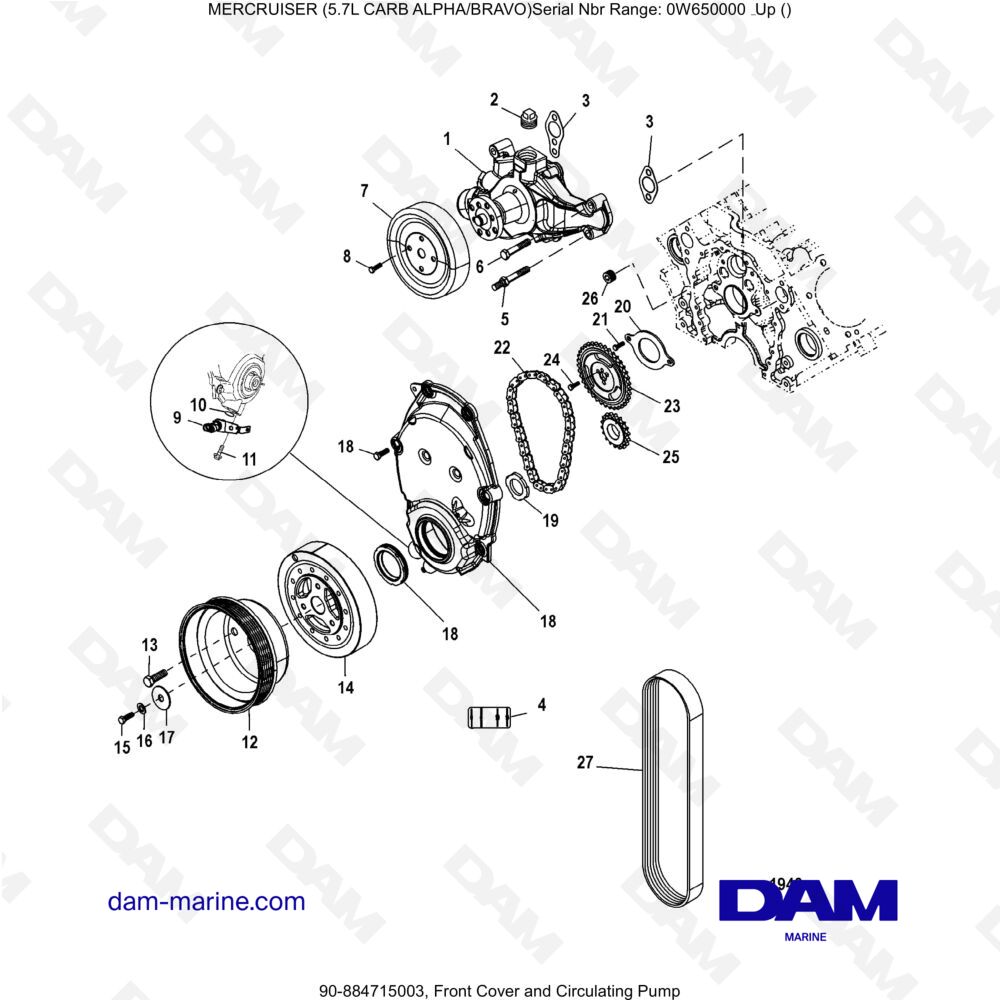 Vue éclatée COUVERCLE AVANT ET POMPE DE CIRCULATION pour moteur MERCRUISER 5.7L CARB