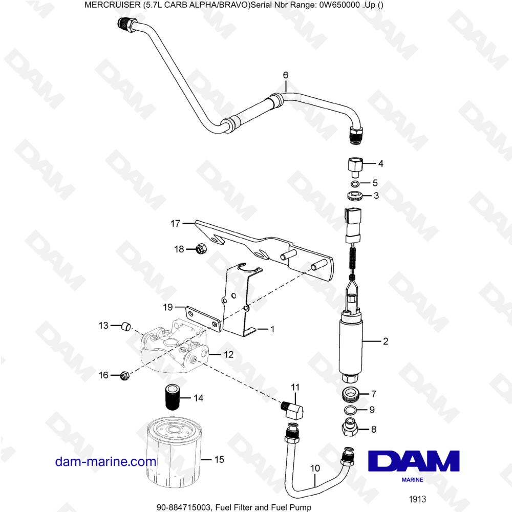 Vue éclatée FILTRE À CARBURANT ET POMPE À CARBURANT pour moteur MERCRUISER 5.7L CARB