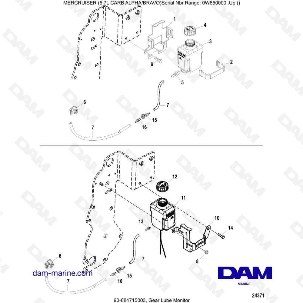 Vue éclatée MONITEUR DE LUBRIFICATION DES ÉLÉMENTS pour moteur MERCRUISER 5.7L CARB