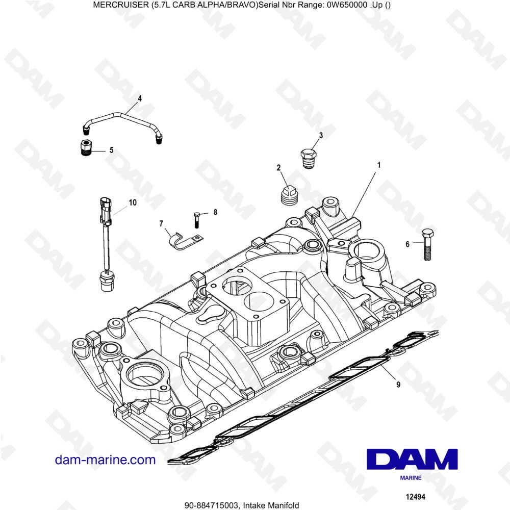 Vue éclatée COLLECTEUR D'ADMISSION pour moteur MERCRUISER 5.7L CARB