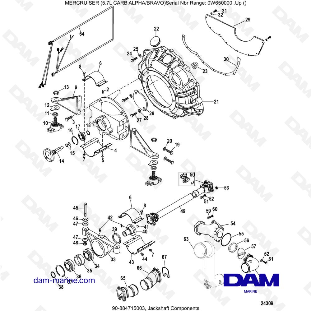 Vue éclatée COMPOSANTS D'ARBRE DE TRANSMISSION pour moteur MERCRUISER 5.7L CARB