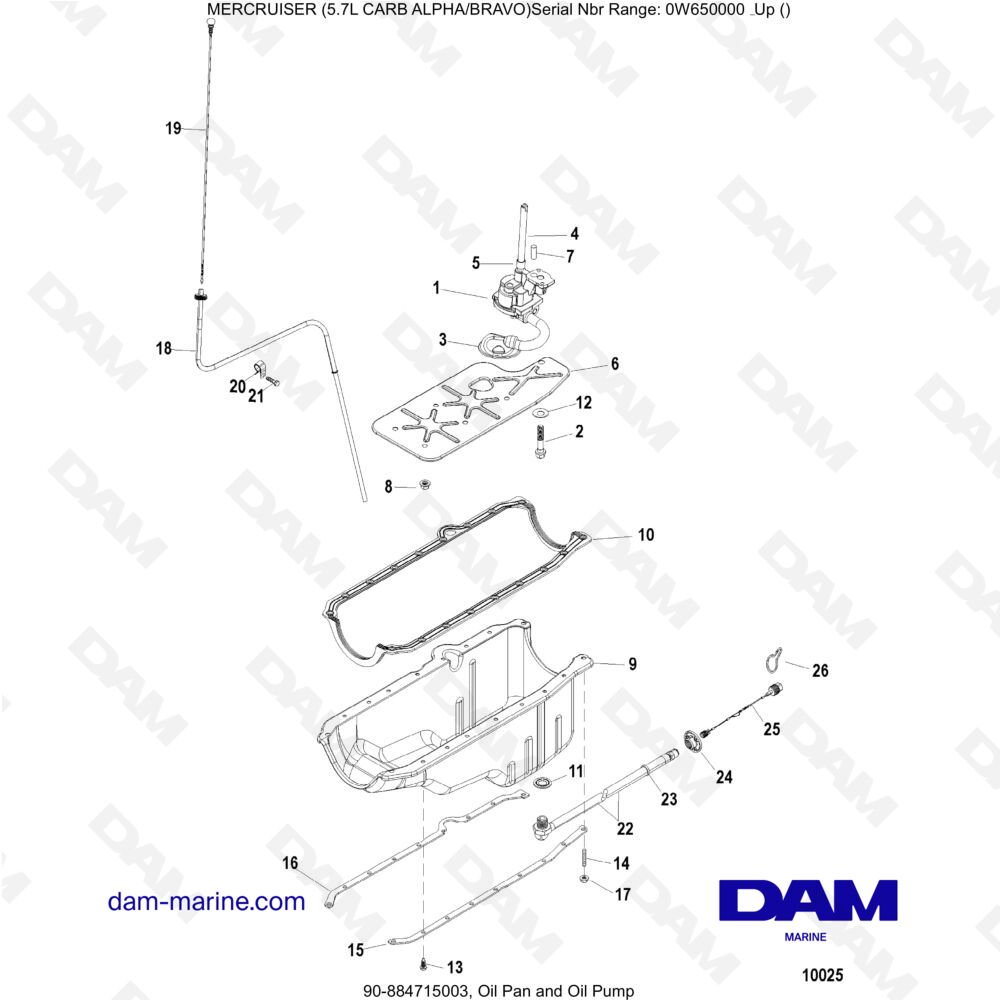 Vue éclatée CARTER D'HUILE ET POMPE À HUILE pour moteur MERCRUISER 5.7L CARB