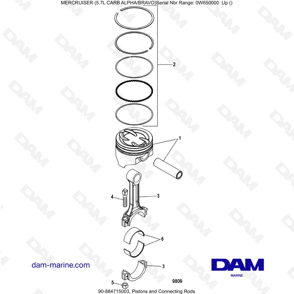 Vue éclatée PISTONS ET BIELLES pour moteur MERCRUISER 5.7L CARB