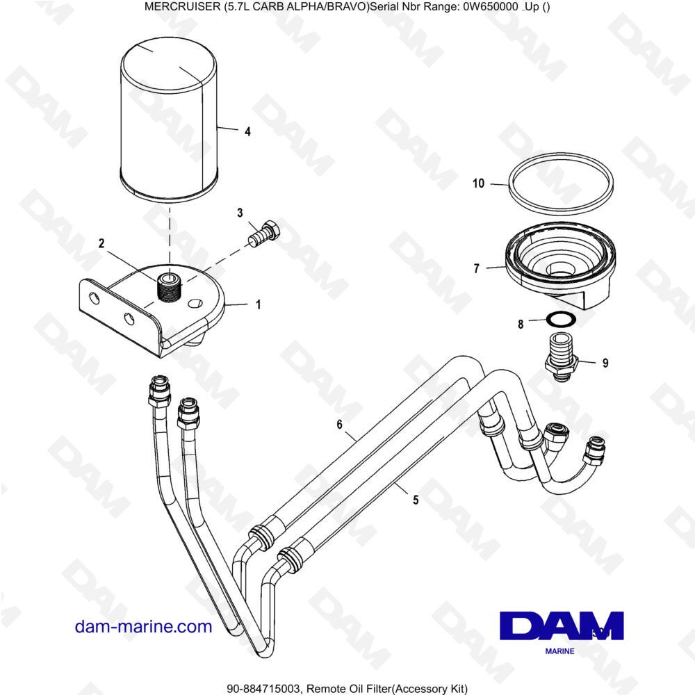 Vue éclatée FILTRE À HUILE À DISTANCE pour moteur MERCRUISER 5.7L CARB
