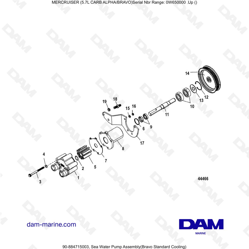 Vue éclatée ENSEMBLE DE POMPE À EAU DE MER pour moteur MERCRUISER 5.7L CARB