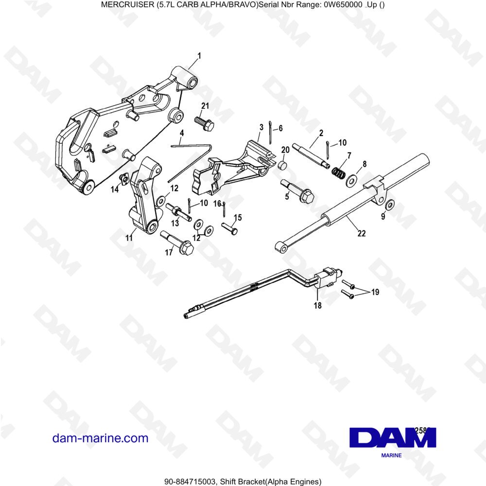 Vue éclatée SUPPORT DE LEVIER DE VITESSES (ALPHA) pour moteur MERCRUISER 5.7L CARB