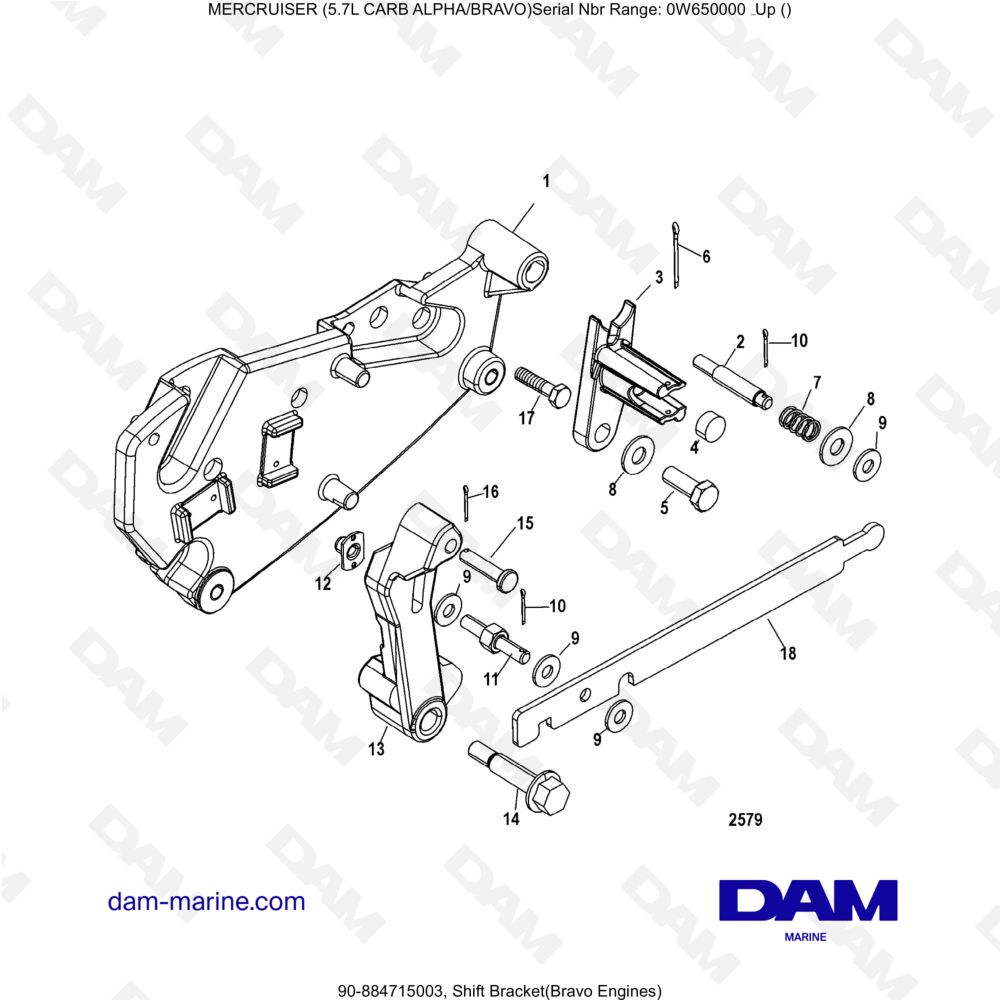 Vue éclatée SUPPORT DE LEVIER DE VITESSES (BRAVO) pour moteur MERCRUISER 5.7L CARB