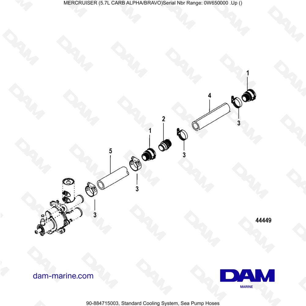 Vue éclatée SYSTÈME DE REFROIDISSEMENT STANDARD, TUYAUX DE POMPE À EAU DE MER pour moteur MERCRUISER 5.7L CARB