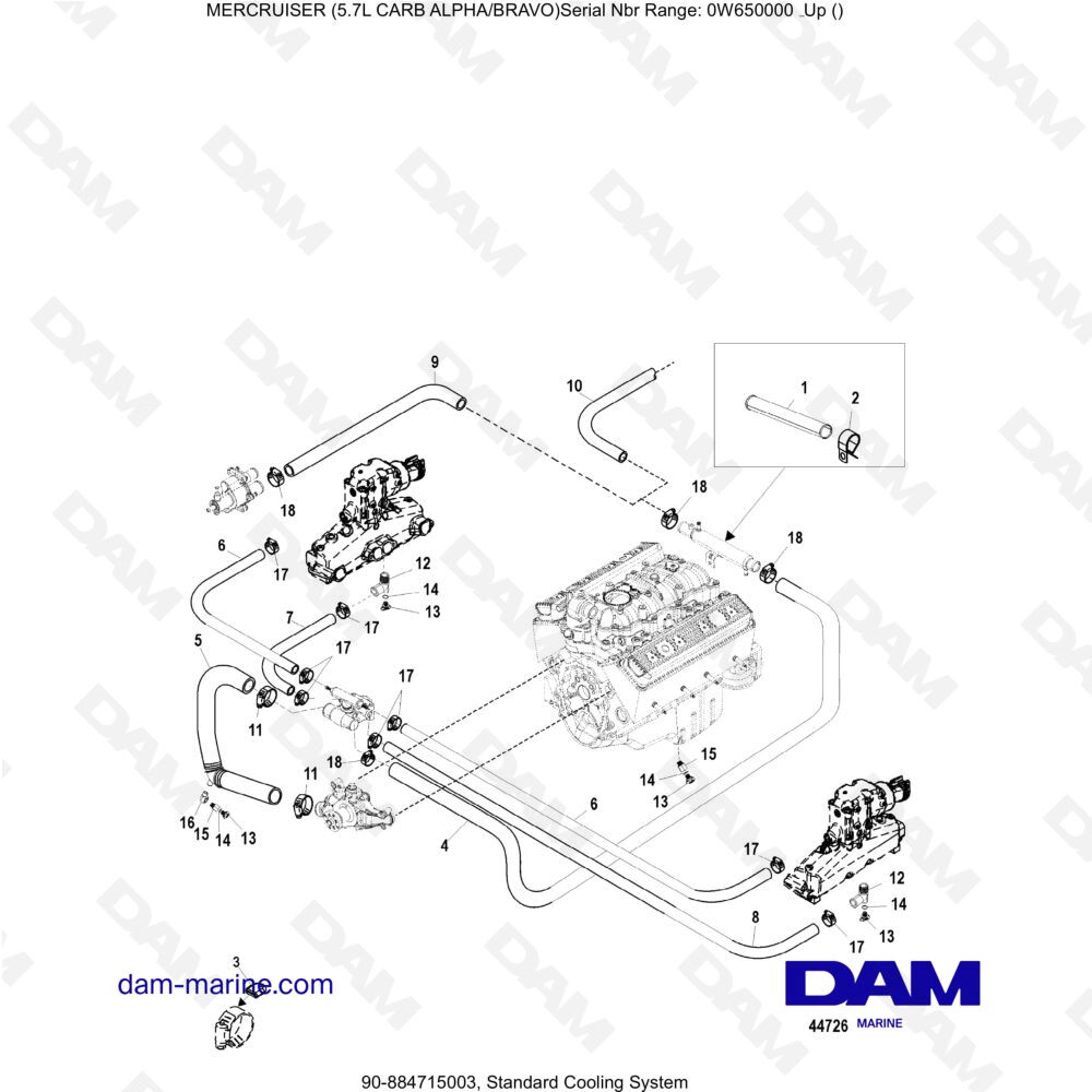 Vue éclatée SYSTÈME DE REFROIDISSEMENT STANDARD pour moteur MERCRUISER 5.7L CARB