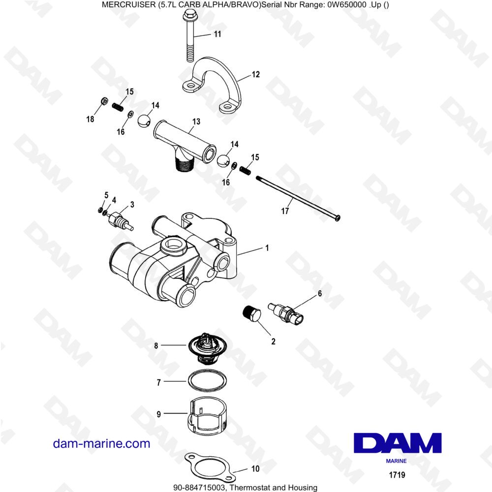 Vue éclatée THERMOSTAT ET BOÎTIER pour moteur MERCRUISER 5.7L CARB