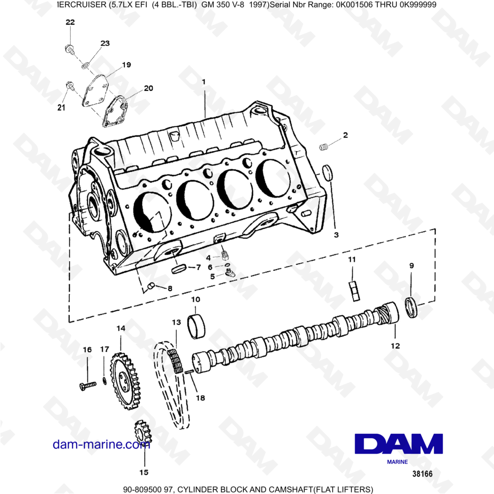 Vue éclatée CYLINDER BLOCK AND CAMSHAFT pour moteur MERCRUISER 5.7LX EFI