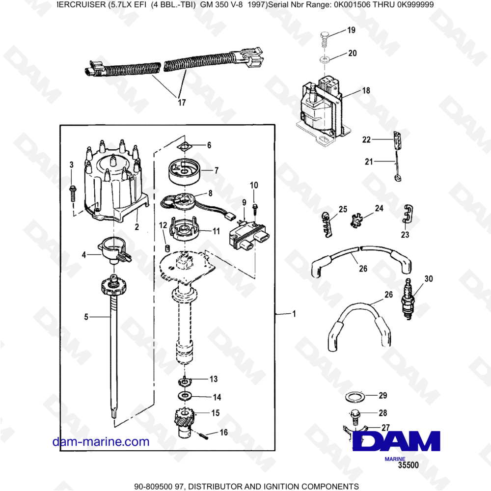 Vue éclatée DISTRIBUTOR AND IGNITION COMPONENTS pour moteur MERCRUISER 5.7LX EFI