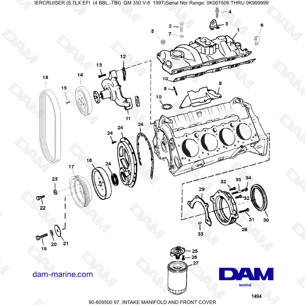 Vue éclatée INTAKE MANIFOLD AND FRONT COVER pour moteur MERCRUISER 5.7LX EFI
