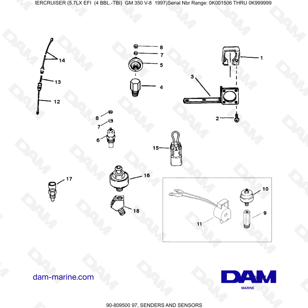 Vue éclatée TRANSMITTERS AND SENSORS pour moteur MERCRUISER 5.7LX EFI