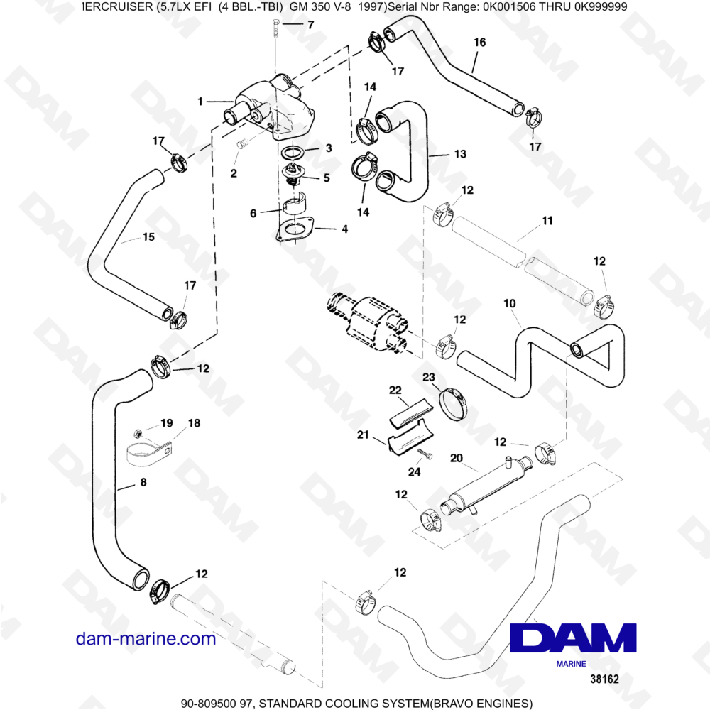 Vue éclatée STANDARD COOLING SYSTEM (BRAVO) pour moteur MERCRUISER 5.7LX EFI