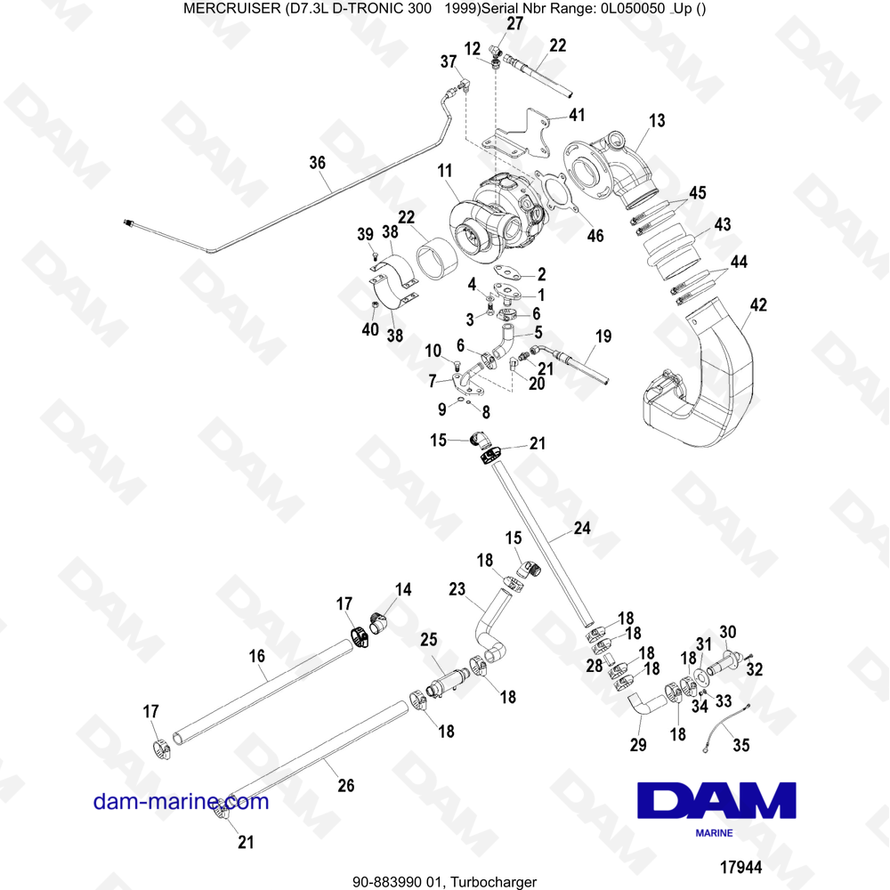 Vue éclatée TURBO pour moteur Mercruiser 7.3L D-TRONIC