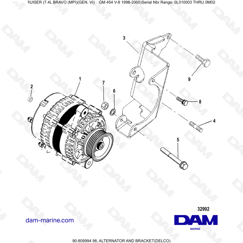 Vue éclatée ALTERNATORE E STAFFA pour moteur MERCRUISER 7.4L BRAVO MPI (G6)