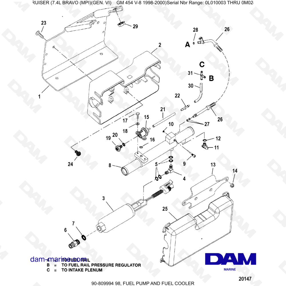 Vue éclatée RAFFREDDATORE DEL CARBURANTE pour moteur MERCRUISER 7.4L BRAVO MPI (G6)