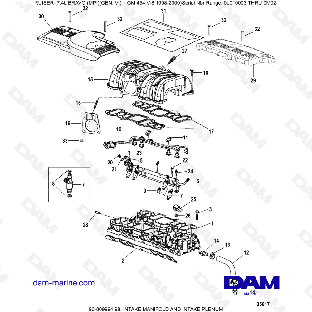 Vue éclatée COLLETTORE DI ASPIRAZIONE E PLENUM DI ASPIRAZIONE pour moteur MERCRUISER 7.4L BRAVO MPI (G6)