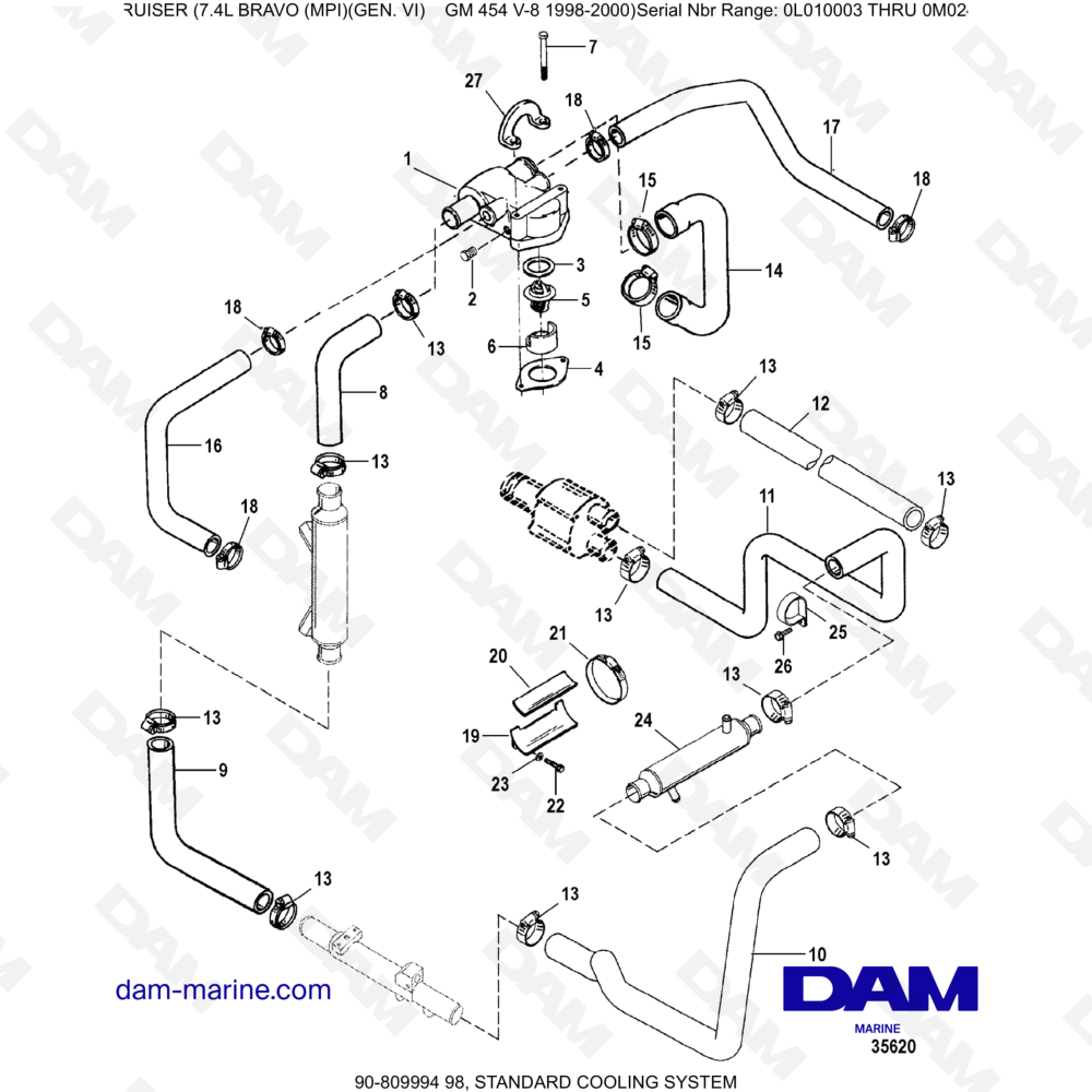 Vue éclatée SISTEMA DI RAFFREDDAMENTO STANDARD pour moteur MERCRUISER 7.4L BRAVO MPI (G6)