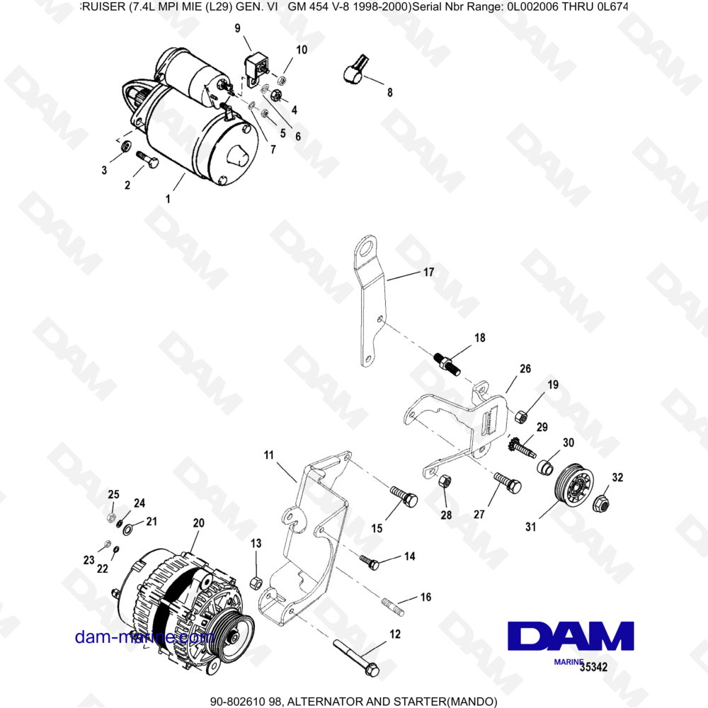 Vue éclatée ALTERNATORE E MOTORINO DI AVVIAMENTO pour moteur MERCRUISER 7.4L MIE MPI