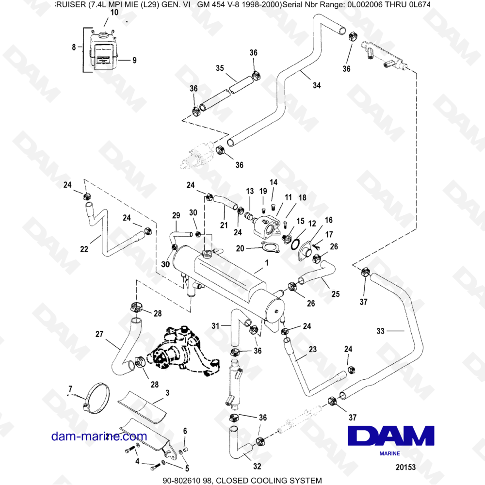 Vue éclatée SISTEMA DI RAFFREDDAMENTO CHIUSO pour moteur MERCRUISER 7.4L MIE MPI