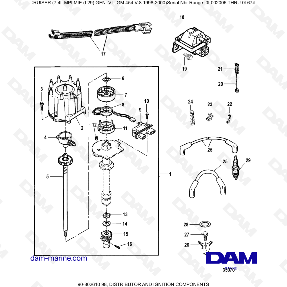 Vue éclatée DISTRIBUTORE E COMPONENTI DI ACCENSIONE pour moteur MERCRUISER 7.4L MIE MPI