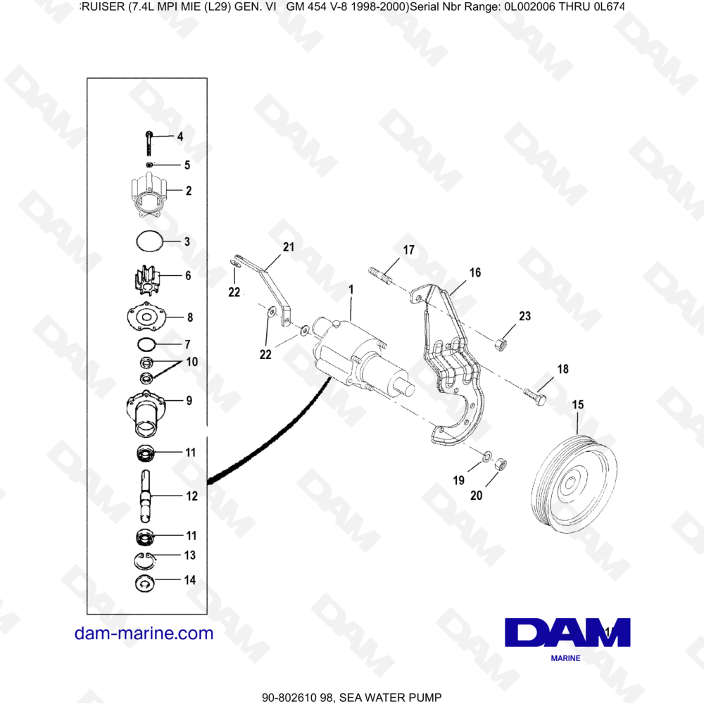 Vue éclatée POMPA ACQUA DI MARE pour moteur MERCRUISER 7.4L MIE MPI